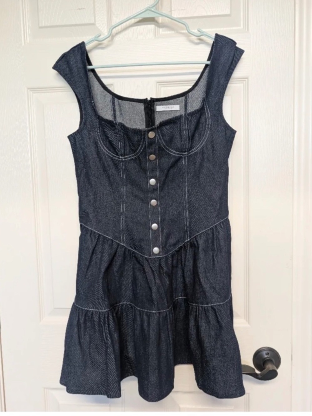 PEPPERMAYO Denim Bustier Mini Dress, Contrast Stitching, Black & White, Size 8